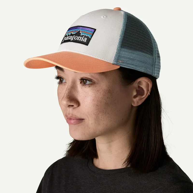 Patagonia P-6 Logo LoPro Trucker Hat in White/Peach Sherbet-1