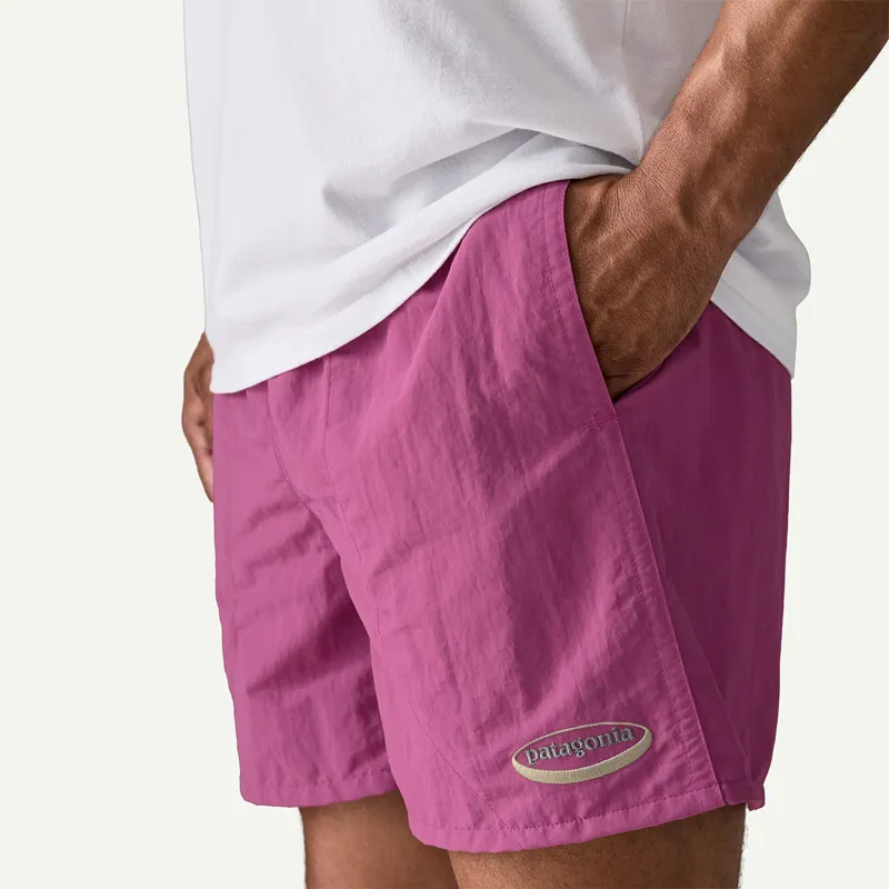 Patagonia Men's 5 inch Baggies Shorts in 95 Oval Logo: Faded Magenta-5