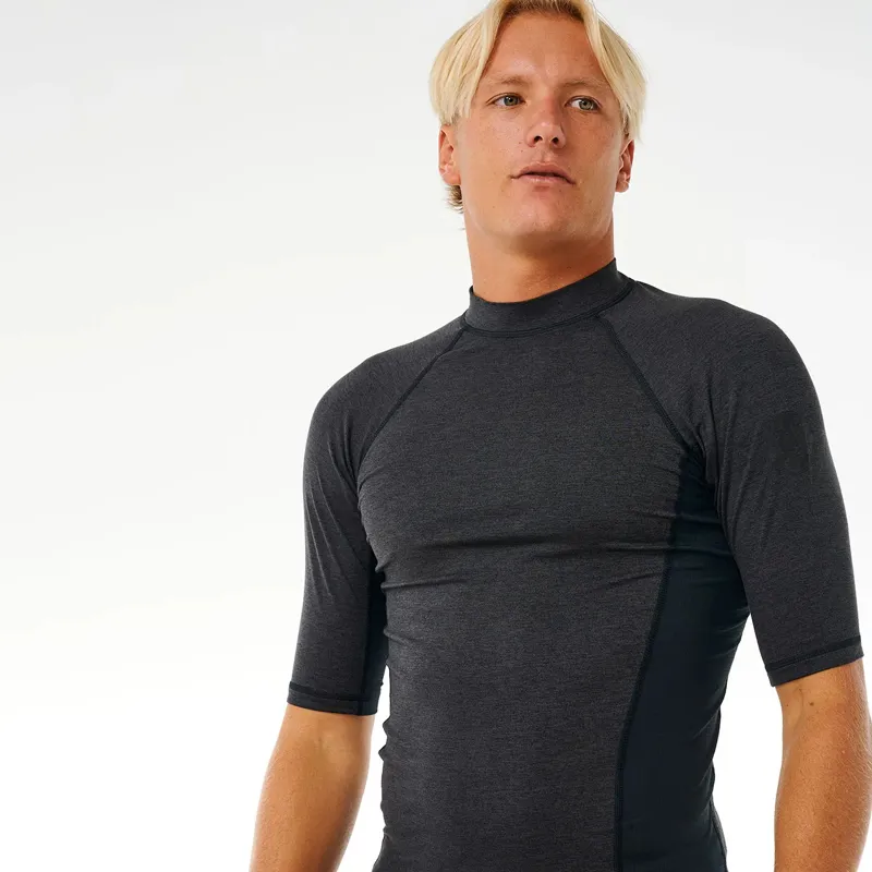 Rip Curl Dawn Patrol Perf Short Sleeve UPF Rash Vest in Black Marle-1