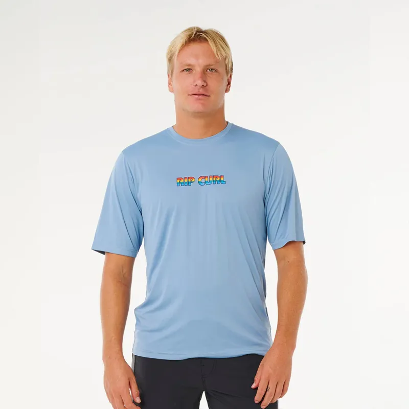 Rip Curl Icons Surflite UPF50 Short Sleeve Rash Vest in Faded Denim