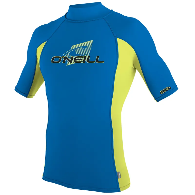 O Neill Youth Premium Skins Short Sleeve Rash Guard in Ocean/Electric Lime