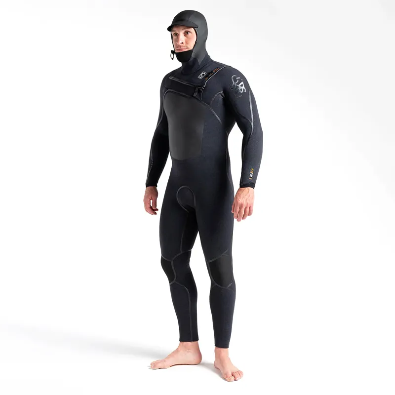 C-Skins Mens Wired 5-4-3mm Hooded Chest-Zip Wetsuit in Black/Saffron