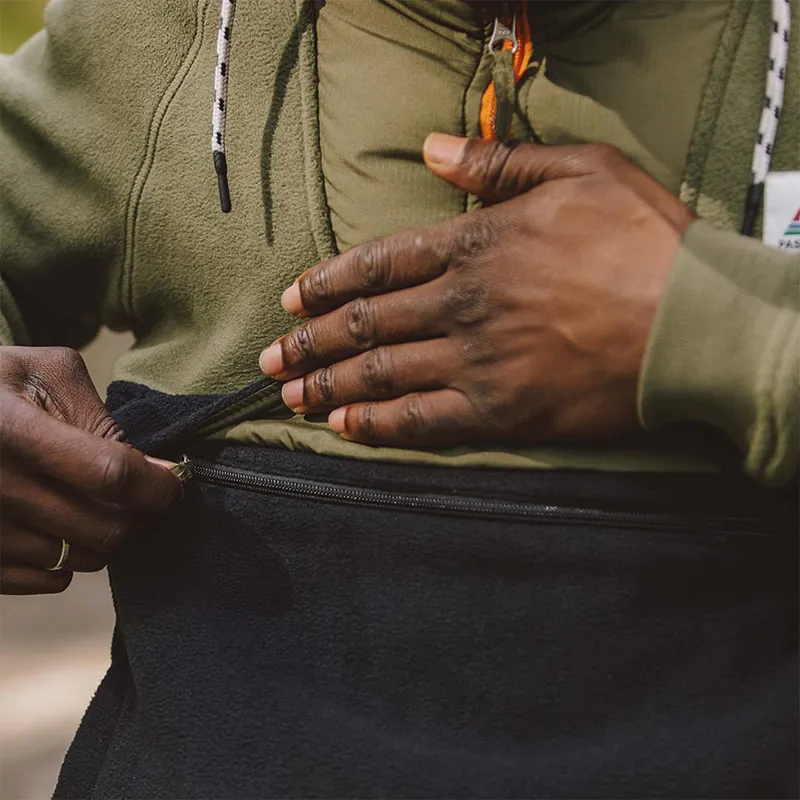 Passenger Recycled Woodland Hooded 1/2 Zip Polar Fleece in Black/Khaki-2