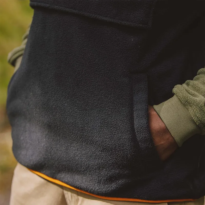 Passenger Recycled Woodland Hooded 1/2 Zip Polar Fleece in Black/Khaki-3