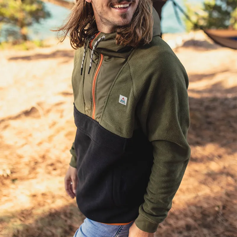 Passenger Recycled Woodland Hooded 1/2 Zip Polar Fleece in Black/Khaki-4