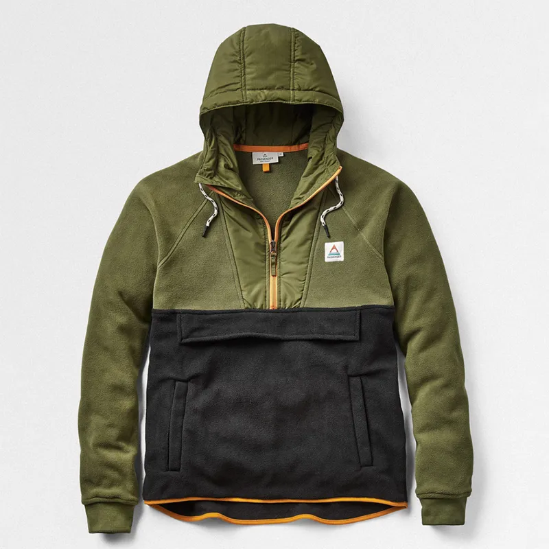 Passenger Recycled Woodland Hooded 1/2 Zip Polar Fleece in Black/Khaki-6