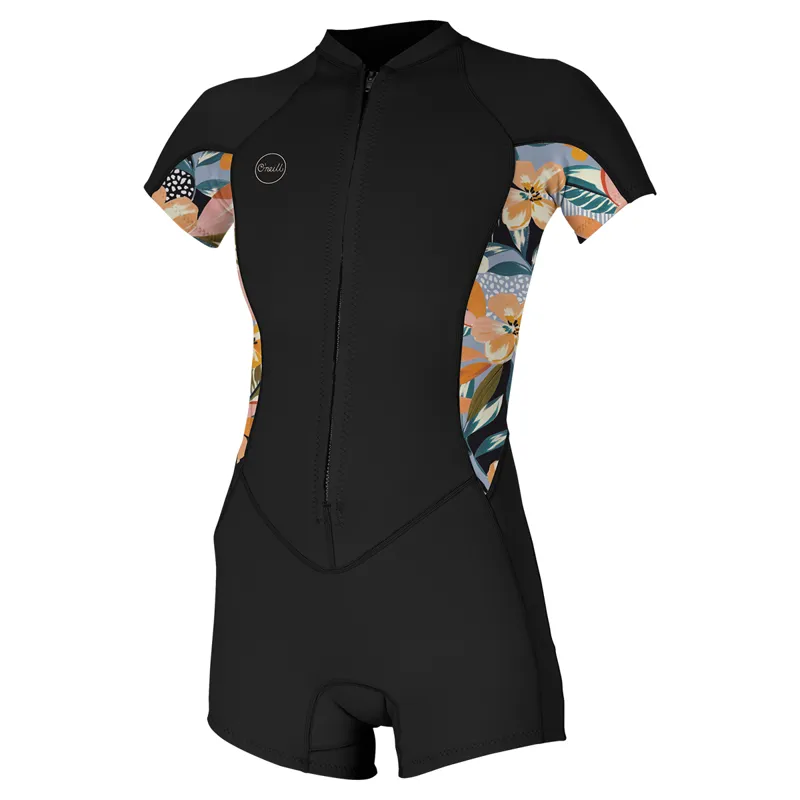 O Neill Womens Bahia 2-1mm Front Zip Shorty Wetsuit in Black-Demi Floral
