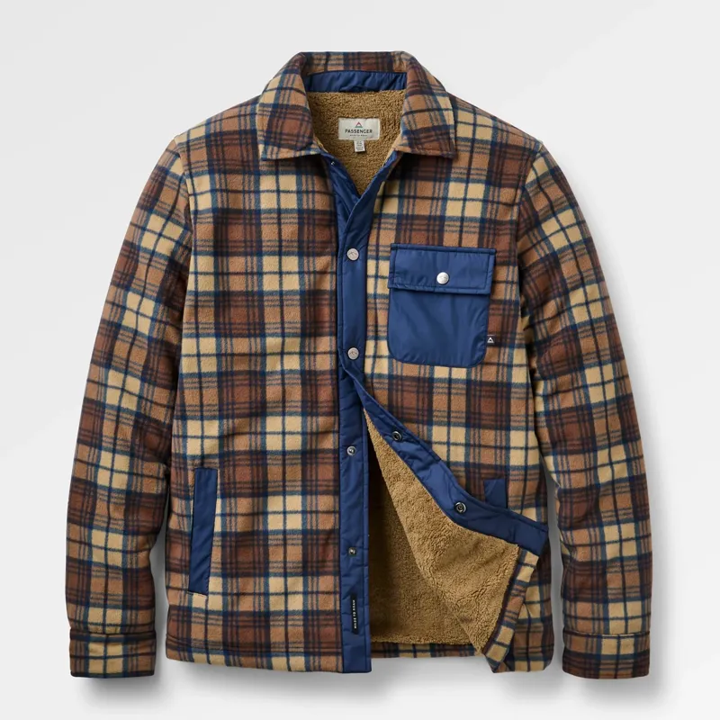 Passenger Firelight Sherpa Lined Overshirt in Rich Navy/Caramel Check