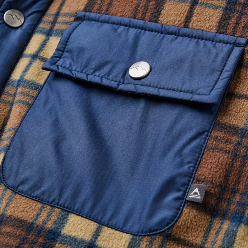 Passenger Firelight Sherpa Lined Overshirt in Rich Navy/Caramel Check-2