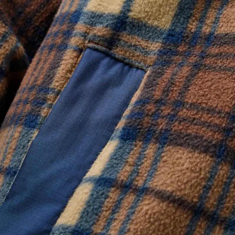 Passenger Firelight Sherpa Lined Overshirt in Rich Navy/Caramel Check-3