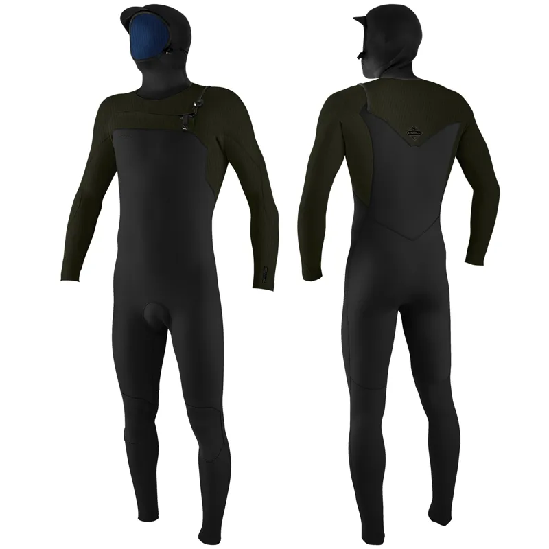 O Neill Hyperfreak 5-4mm+ Chest Zip Hooded Wetsuit in Black/Ranger-1