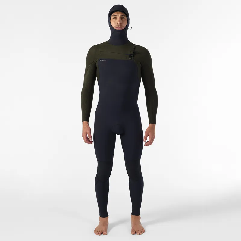 O Neill Hyperfreak 5-4mm+ Chest Zip Hooded Wetsuit in Black/Ranger-2