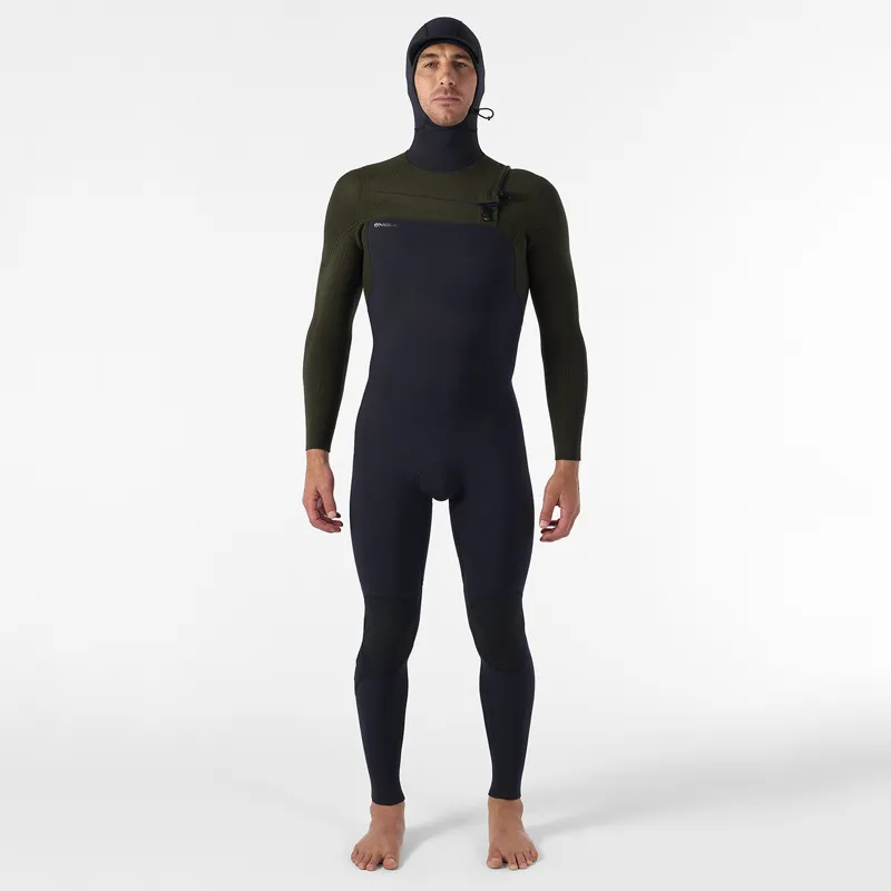 O Neill Hyperfreak 5-4mm+ Chest Zip Hooded Wetsuit in Black/Ranger-4