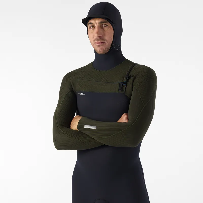 O Neill Hyperfreak 5-4mm+ Chest Zip Hooded Wetsuit in Black/Ranger-7