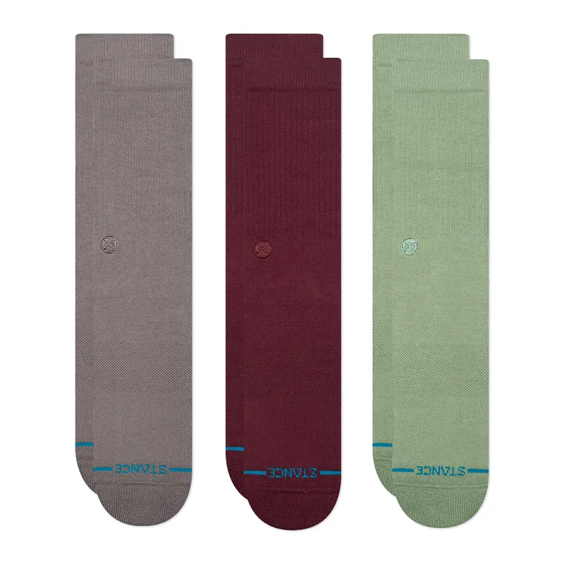 Stance Icon Crew Sock 3 Pack in Dark Grey/Burgundy/Sage - SIZE Large