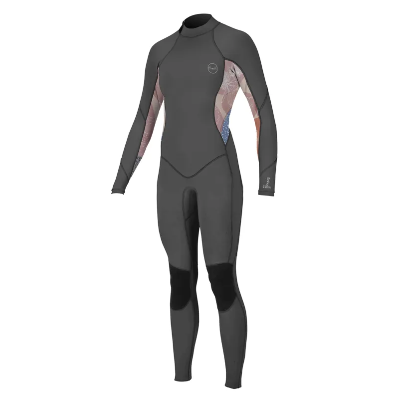 O Neill Womens Bahia 3-2mm Back Zip Wetsuit in Graphite-Desert Bloom-Drift Blue