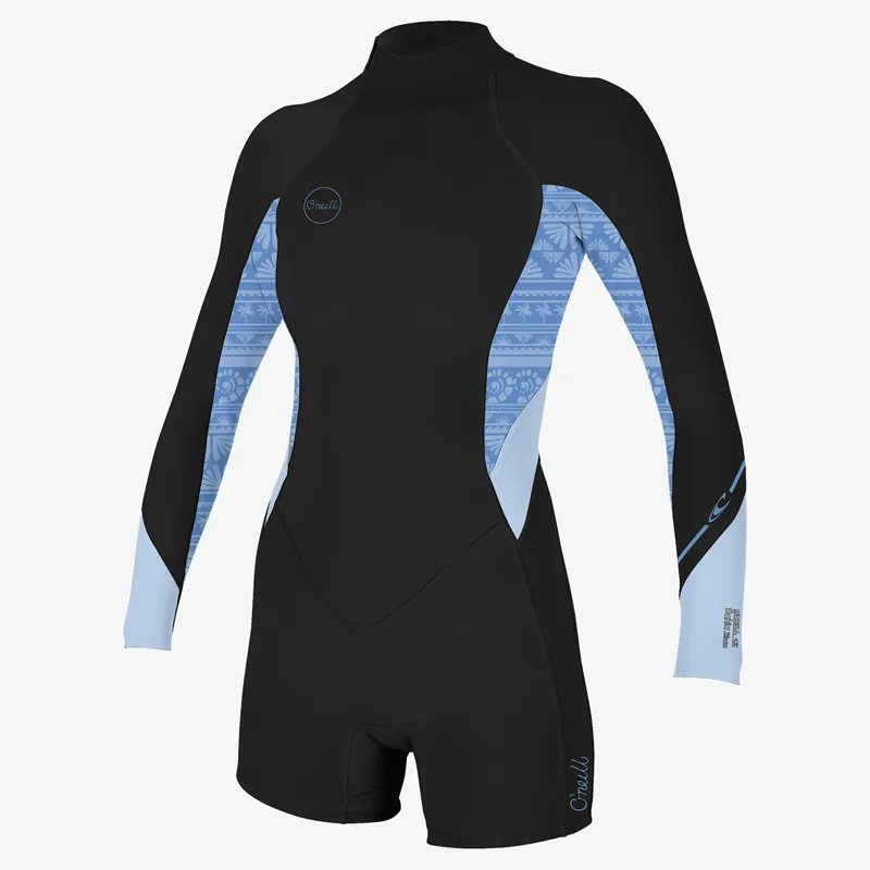 O'Neill Womens Bahia 2-1mm Back Zip Long Sleeve Shorty Wetsuit in Steel/Surf Abstract