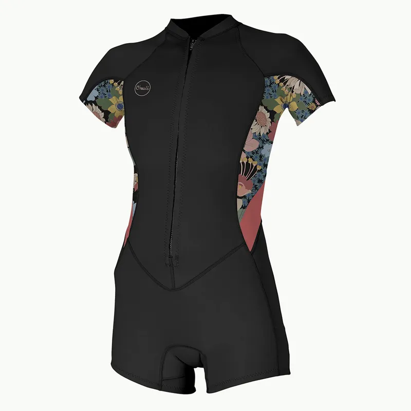 O Neill Womens Bahia 2-1mm Front Zip Shorty Wetsuit in Black-Twiggy-Tea Rose