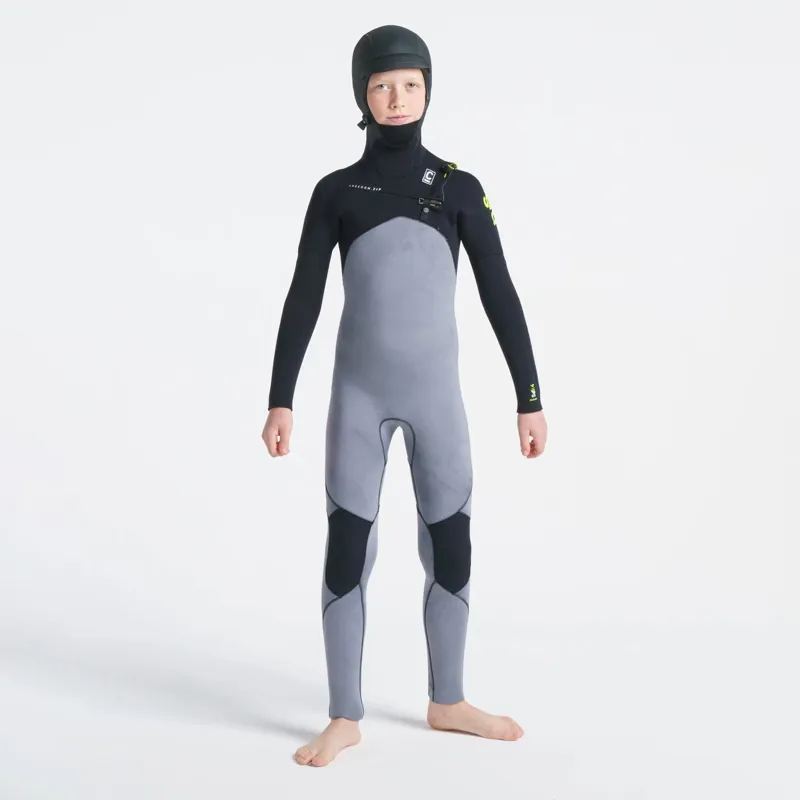 C-Skins Junior Session 5-4mm Hooded Chest Zip Wetsuit in Black/Tie Dye/Lime
