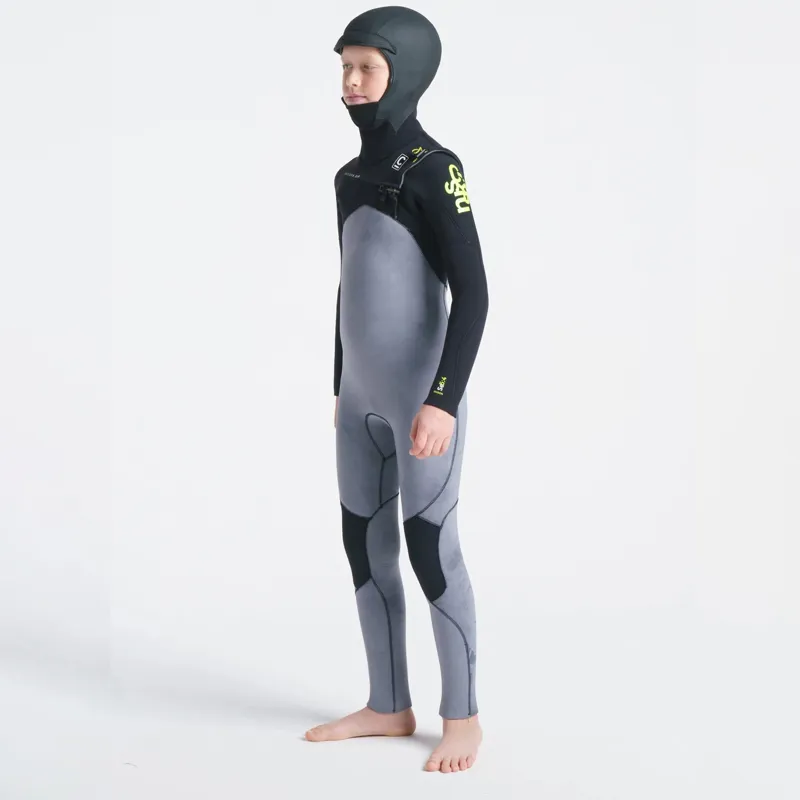 C-Skins Junior Session 5-4mm Hooded Chest Zip Wetsuit in Black/Tie Dye/Lime-2