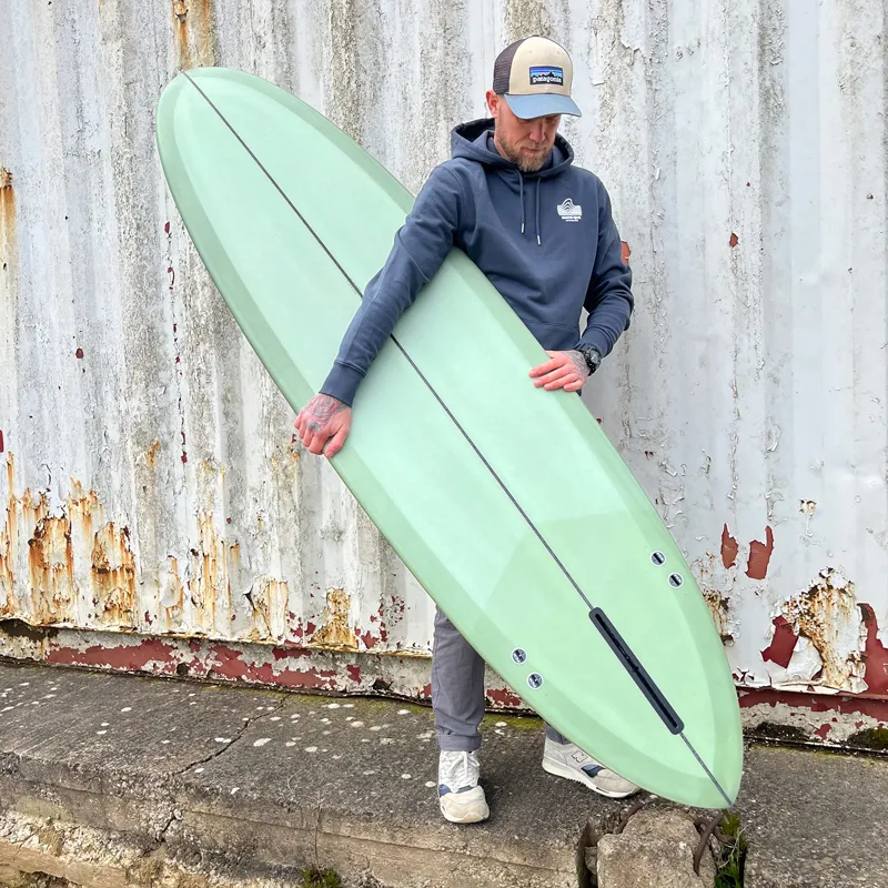 Love Machine Surfboards 7ft 4in Thick Lizzy in Green - FCS Sides-3